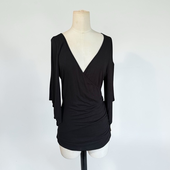 Boston Proper Tops - Boston proper Black Draped Surplice Top Split Bell Sleeve Blouse